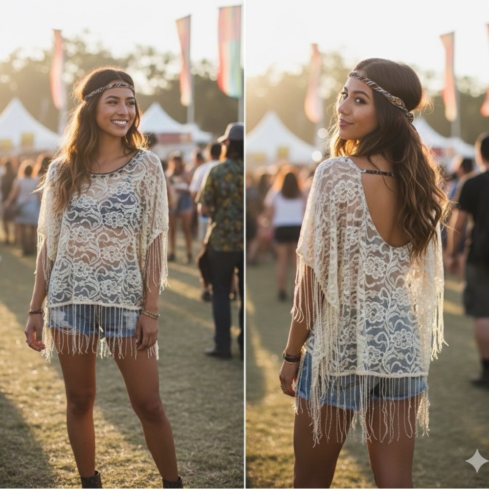 Gimmicks by BKE Boho Lace Beaded Fringe Top